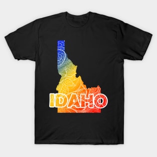 Colorful mandala art map of Idaho with text in blue, yellow, and red T-Shirt